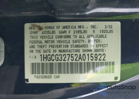 2002 Honda Accord 2.3 Ex z USA, uszkodzony, nr VIN 1HGCG32752A015922